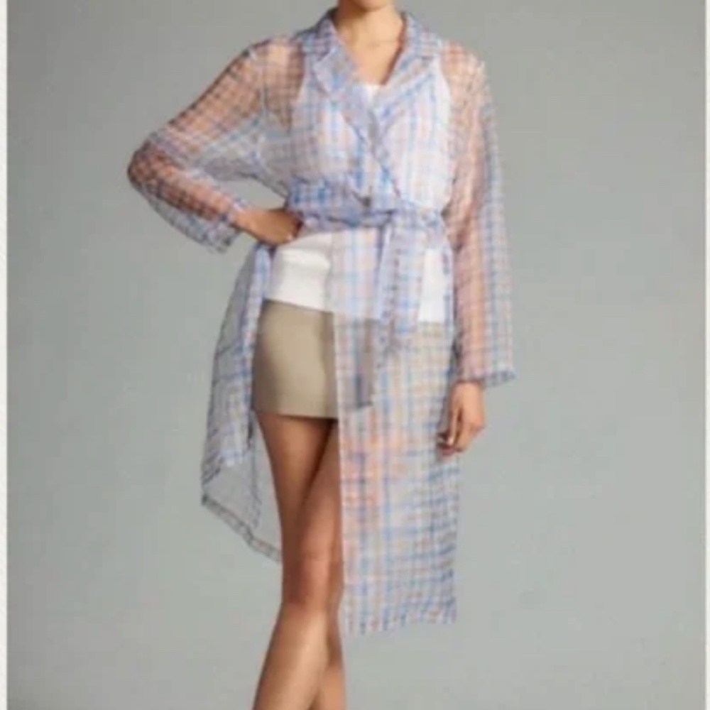 Sheer Plaid Trench Duster - Blue